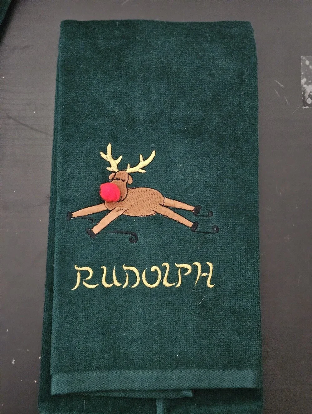 Embroidered Reindeer Holiday Kitchen Towels - Dark Green